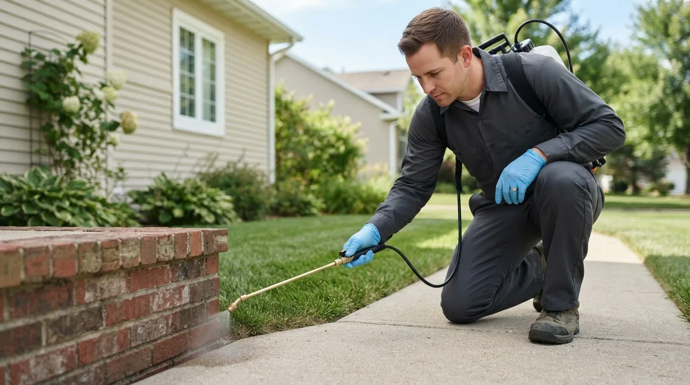 Pest control technician treating a home near Houghton, SD